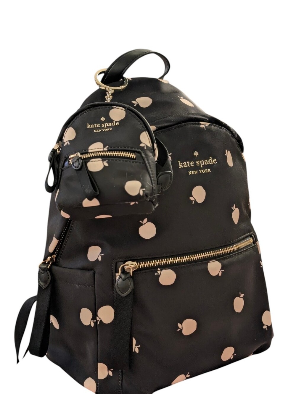 Kate Spade ♠️ Apple Print Chelsea Medium Black Backpack & micro Bag Charm